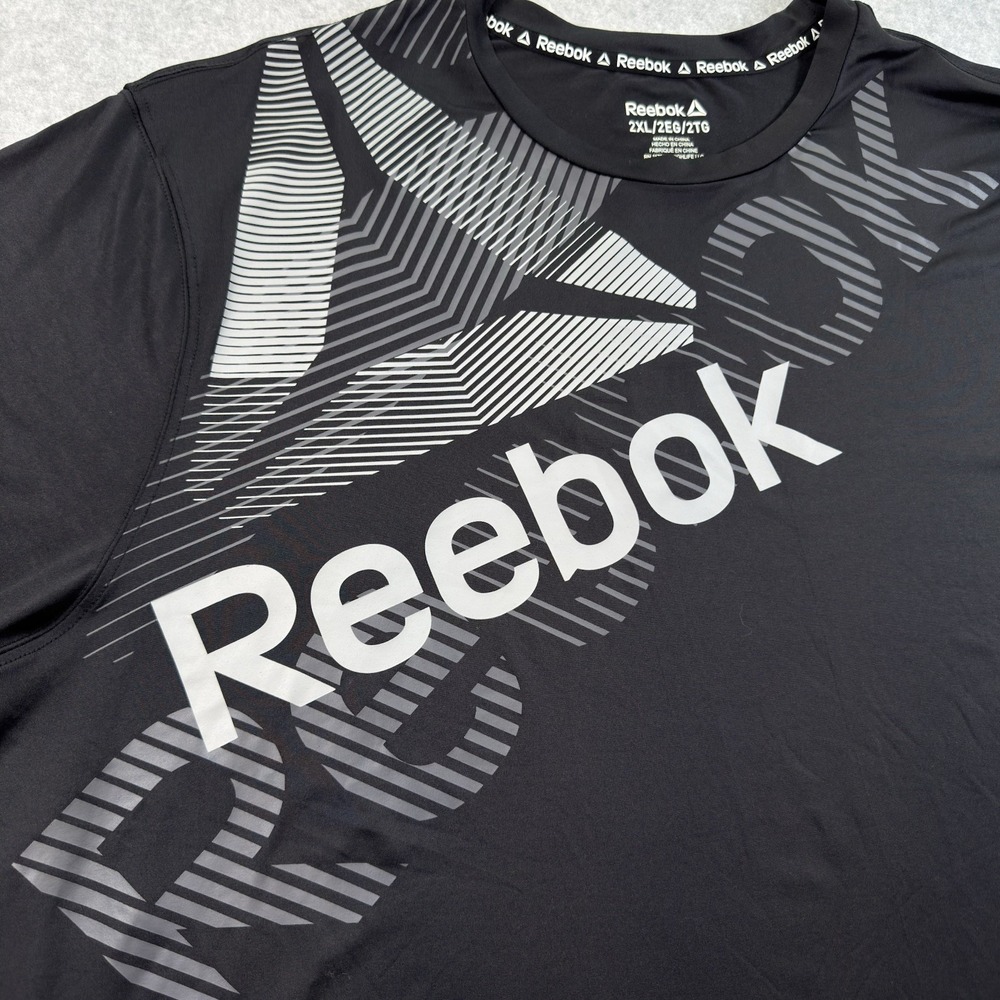 Reebok Short Sleeve Athletic Shirt Men's Black Big Front Logo Crew Neck SZ 2XL‎